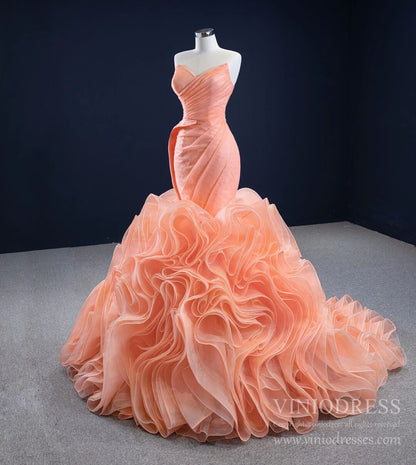 Peach Rosette Trumpet Wedding Dresses Strapless Pageant Gown 67212 viniodress-prom dresses 2025 -Viniodress-Peach-Custom Size-
