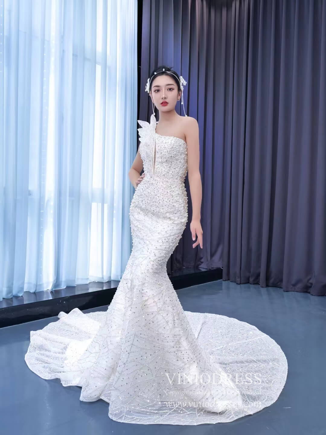 Pearl Beaded Mermaid Wedding Dresses One Shoulder 222206-wedding dresses 2025 -Viniodress-Ivory-Custom Size-