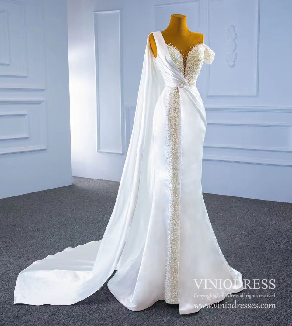 Pearl Mermaid Satin Watteau Wedding Dresses 67238-wedding dresses 2025 -Viniodress-Ivory-Custom Size-
