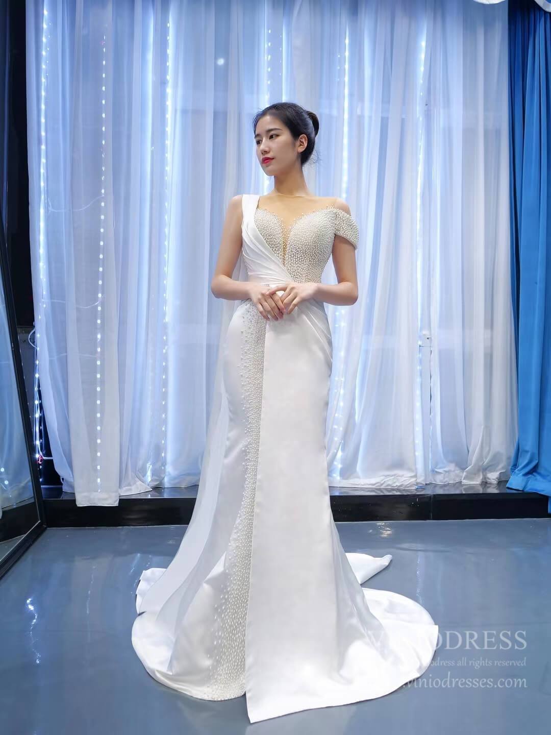 Pearl Mermaid Satin Watteau Wedding Dresses 67238-wedding dresses 2025 -Viniodress-Ivory-Custom Size-