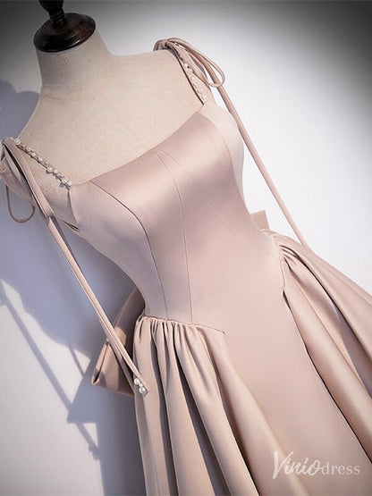 Pearl Pink Satin Prom Dresses Bow Tie Spaghetti Strap Formal Gown FD2312-prom dresses 2025 -Viniodress-Pink-Custom Size-