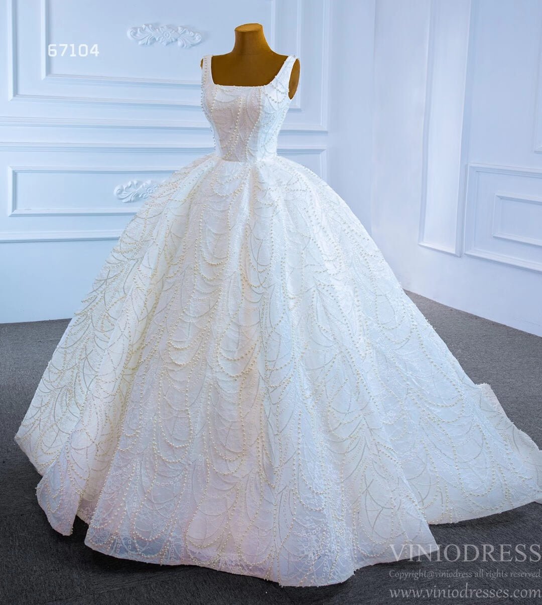 Pearl Wedding Dress Ball Gown 67104 Square Neck-wedding dresses 2025 -Viniodress-Ivory-Custom Size-