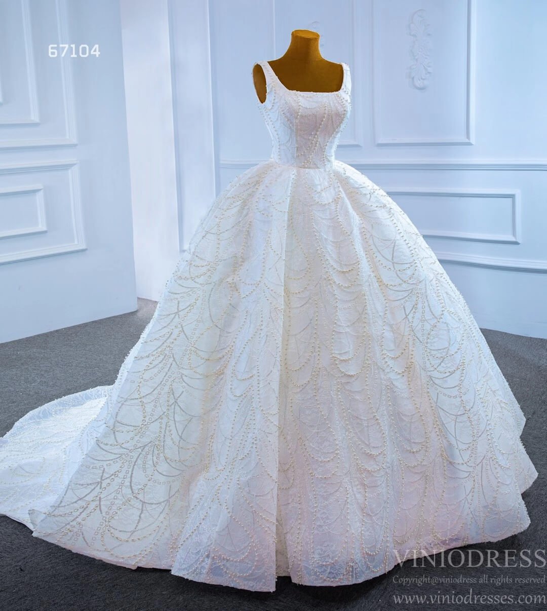 Pearl Wedding Dress Ball Gown 67104 Square Neck-wedding dresses 2025 -Viniodress-Ivory-Custom Size-