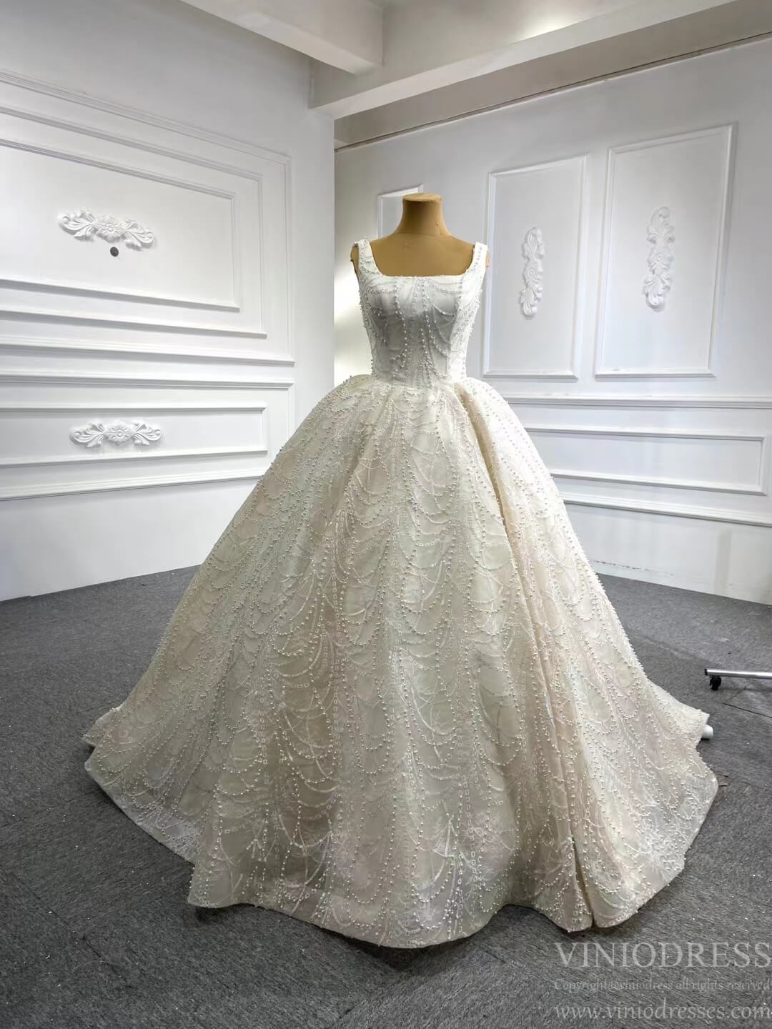 Pearl Wedding Dress Ball Gown 67104 Square Neck-wedding dresses 2025 -Viniodress-Champagne-Custom Size-