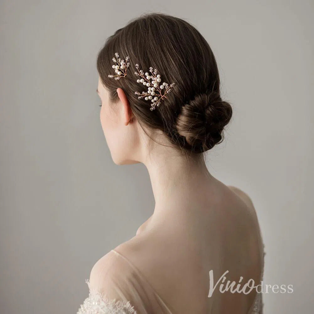 Pearl and Crystal Sprig Gold Hairpins Set ACC1136-Headpieces-Viniodress-Hairpins-Viniodress