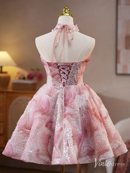 Pink 3D Floral Strapless Homecoming Dress with Pearls and Lace-Up Back – BJ076-prom dresses 2025 -Viniodress-Pink-Custom Size-