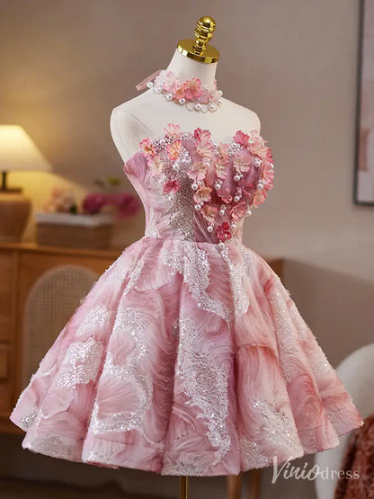 Pink 3D Floral Strapless Homecoming Dress with Pearls and Lace-Up Back – BJ076-prom dresses 2025 -Viniodress-Pink-Custom Size-