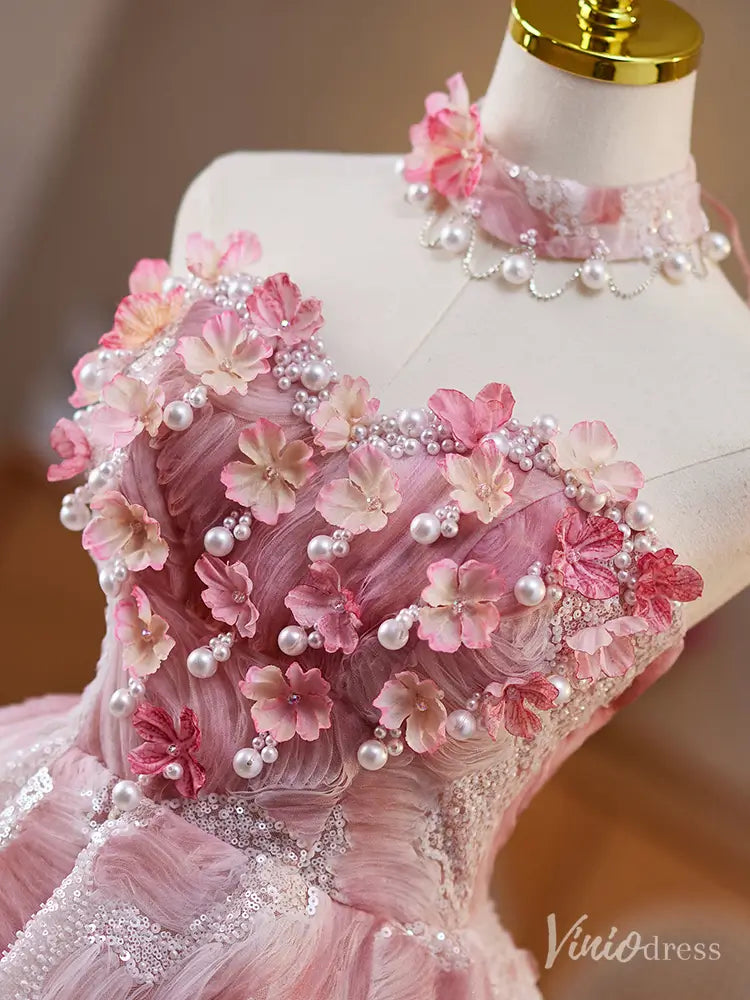 Pink 3D Floral Strapless Homecoming Dress with Pearls and Lace-Up Back – BJ076-prom dresses 2025 -Viniodress-Pink-Custom Size-