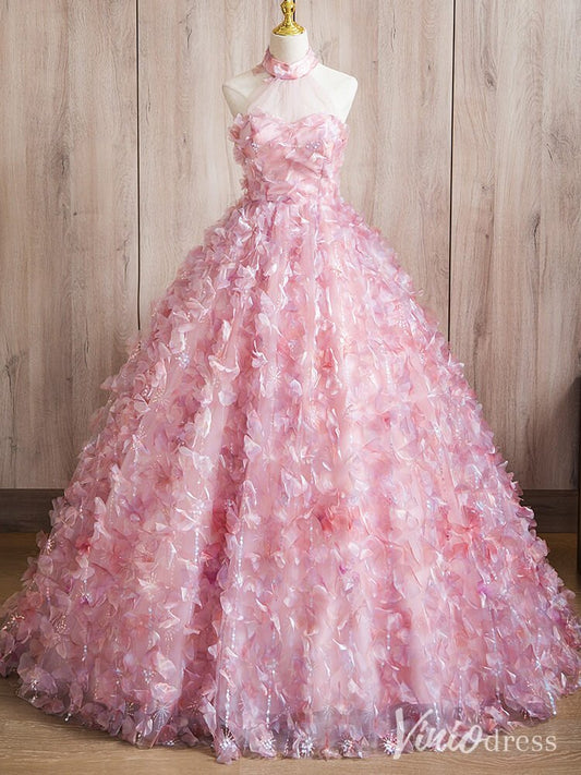 Pink 3D Flower Halter Neck Quinceanera Dresses Floral Ball Gown AD1378-prom dresses 2025 -Viniodress-Pink-Custom Size-