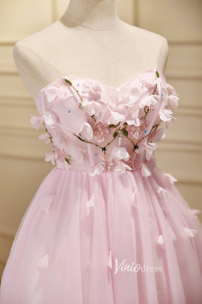 Pink 3D Flower Tulle Hoco Dresses Strapless Graduation Dresses SD1535-Homecoming Dresses 2025 -Viniodress-Blush-Custom Size-