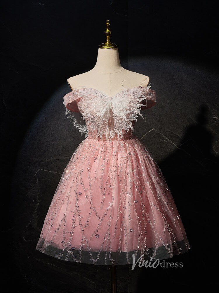 Pink Beaded Butterfly Homecoming Dresses Off the Shoulder Graduation Dress BJ019-prom dresses 2025 -Viniodress-Pink-Custom Size-