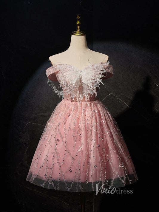 Pink Beaded Butterfly Homecoming Dresses Off the Shoulder Graduation Dress BJ019-prom dresses 2025 -Viniodress-Pink-Custom Size-
