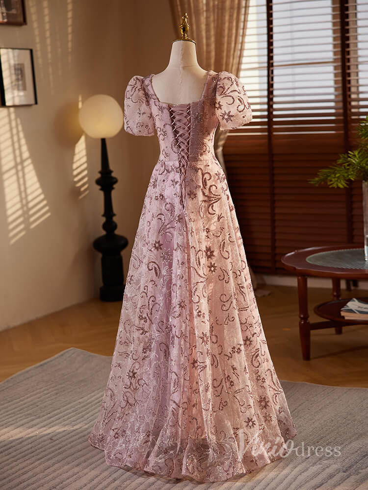 Pink Beaded Lace Prom Dresses Puffed Sleeve Bow-Tie 90062-prom dresses 2025 -Viniodress-Pink-Custom Size-