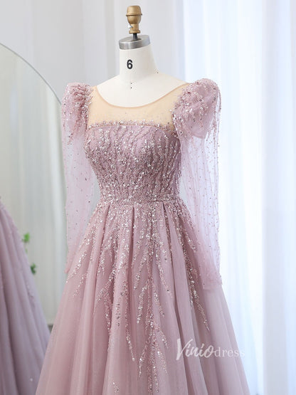 Pink Beaded Lace Prom Dresses Sheer Long Puffed Sleeve Pageant Dress AD1174-Evening Dresses 2025 -Viniodress-Pink-US 2-