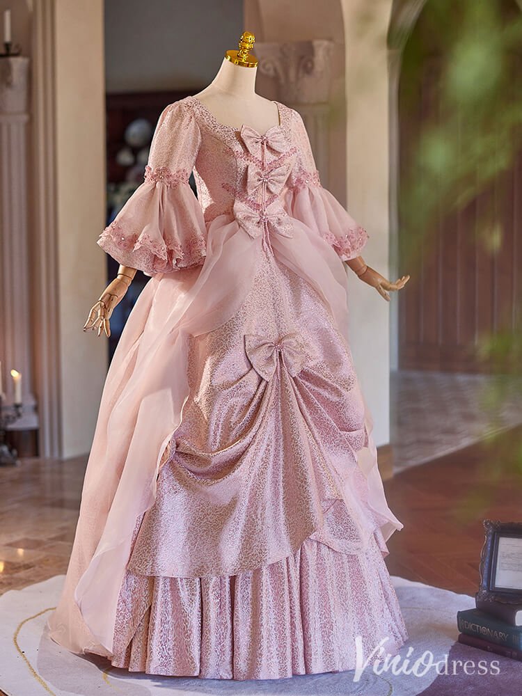 Pink Bow Tie Vintage Ball Gown Puffed Sleeve Lacy Princess Dress AD130 – Viniodress