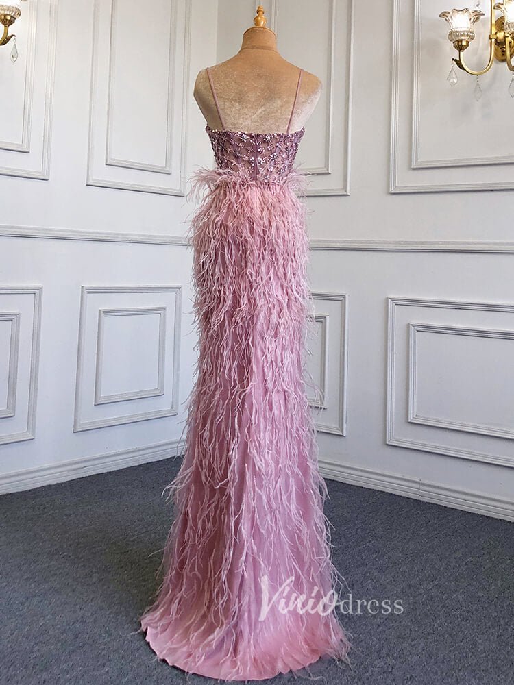 Pink Feather Prom Dresses with Slit Spaghetti Strap Sheath Pageant Dress 20039-Evening Dresses 2025 -Viniodress-Dusty Blue-US 2-