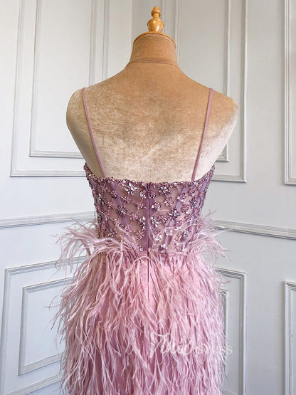Pink Feather Prom Dresses with Slit Spaghetti Strap Sheath Pageant Dress 20039-Evening Dresses 2025 -Viniodress-Dusty Blue-US 2-