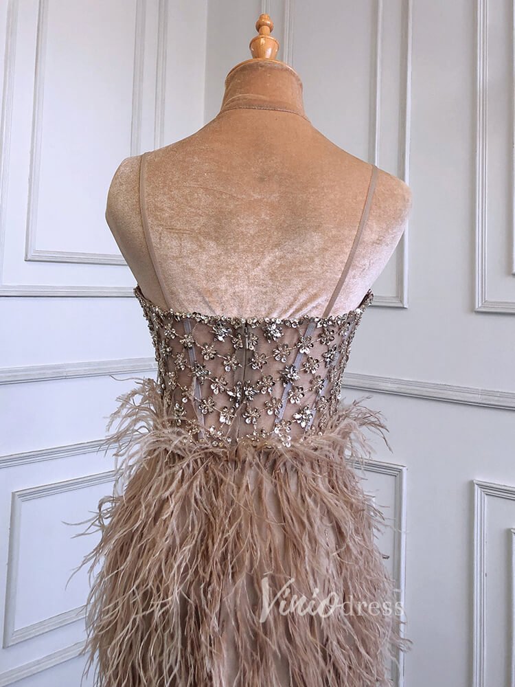 Pink Feather Prom Dresses with Slit Spaghetti Strap Sheath Pageant Dress 20039-Evening Dresses 2025 -Viniodress-Dusty Blue-US 2-