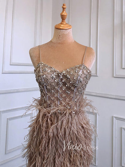 Pink Feather Prom Dresses with Slit Spaghetti Strap Sheath Pageant Dress 20039-Evening Dresses 2025 -Viniodress-Dusty Blue-US 2-