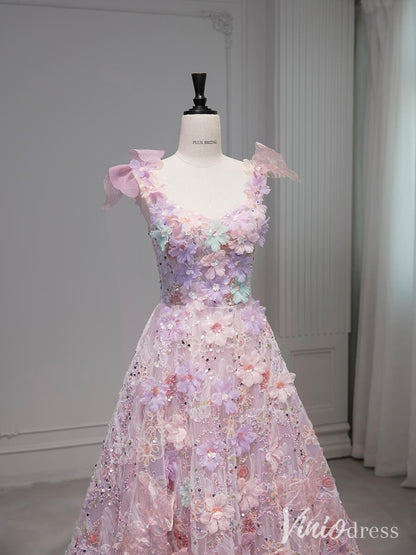 Pink Floral Blossom Prom Dresses Sparkly Butterfly Bow-Tie Princess Dress AD1328-prom dresses 2025 -Viniodress-Pink-Custom Size-