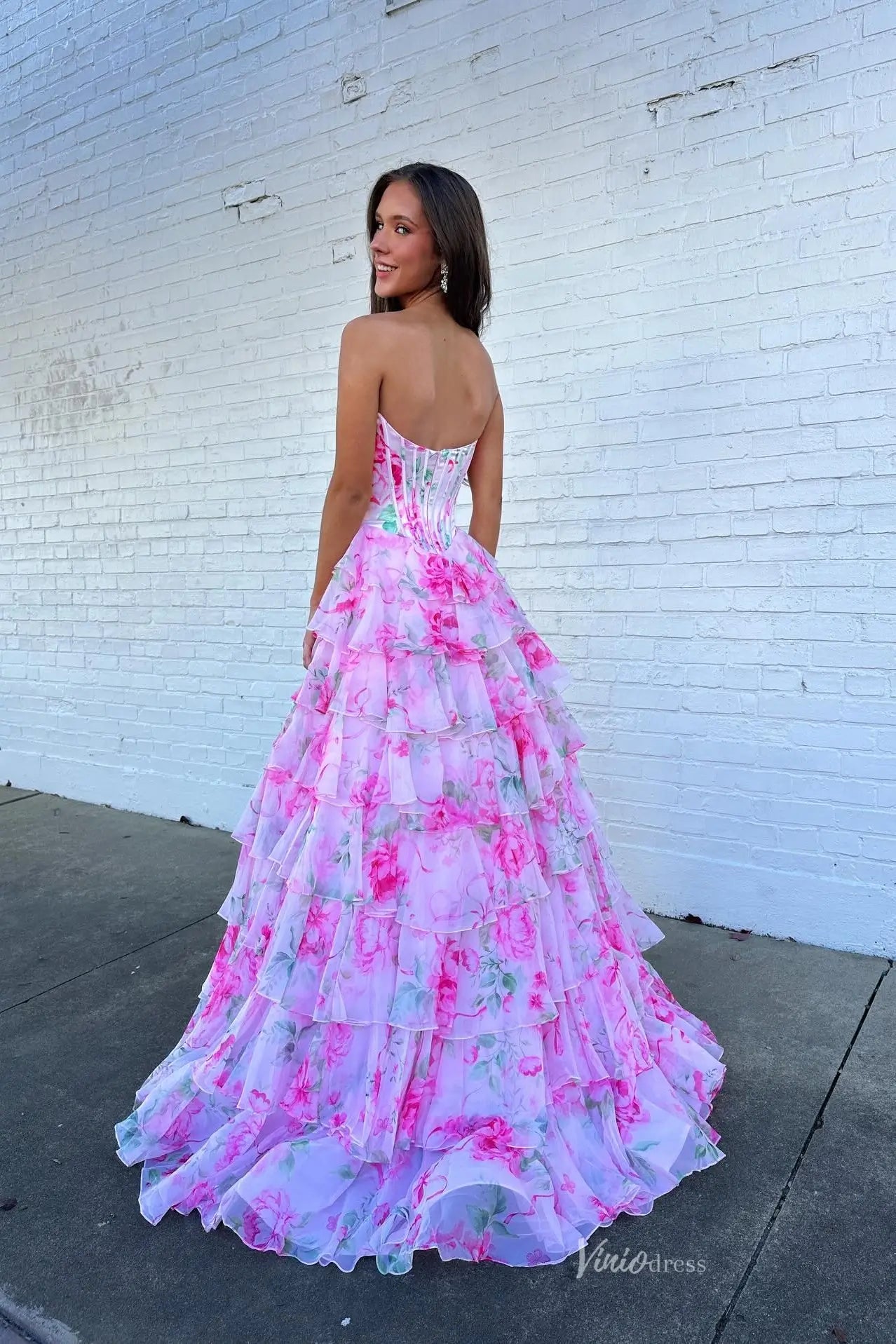 Pink Floral Corset Prom Dresses Strapless Tiered Ruffle Gowns with Sli – Viniodress