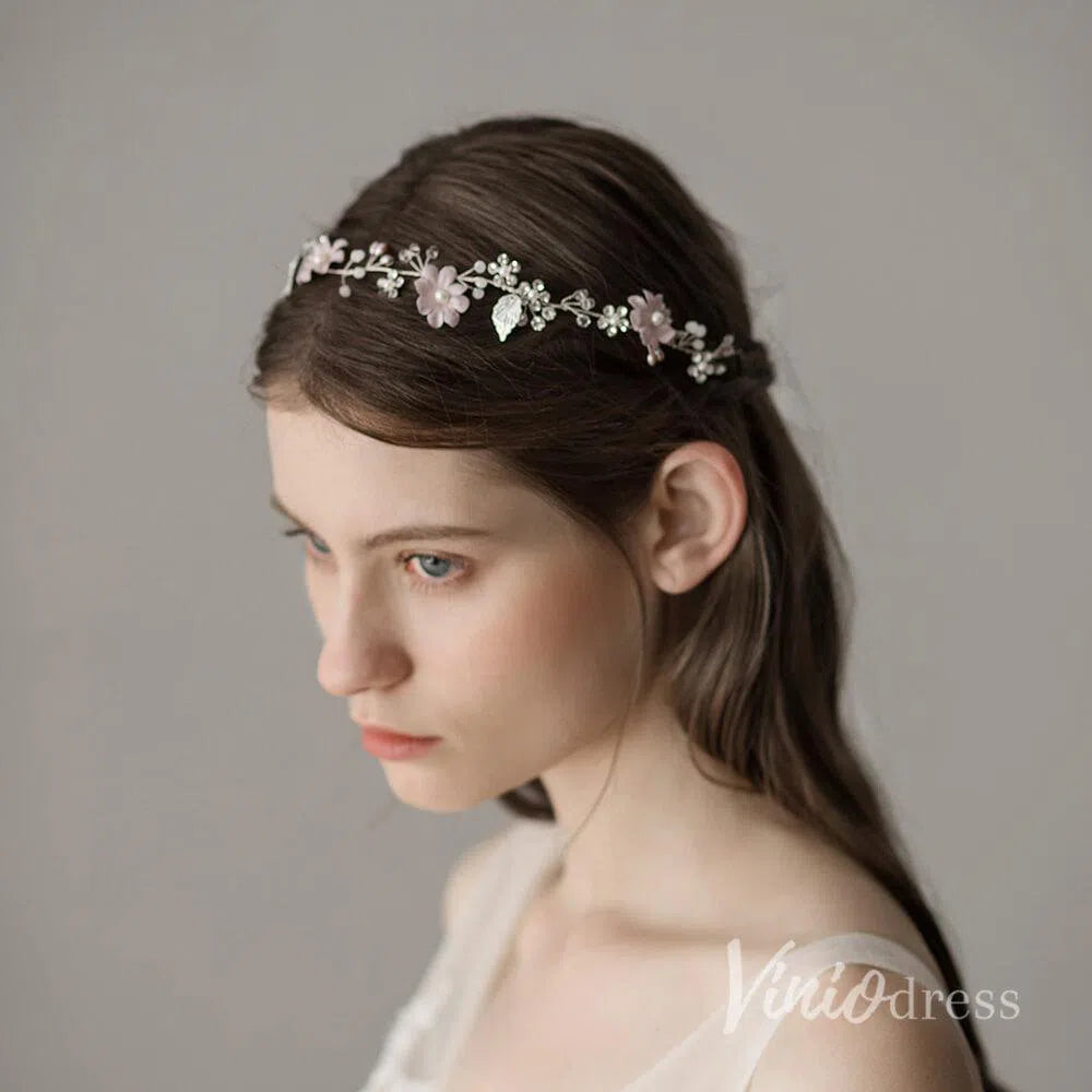 Pink Floral Headband with Pearls and Crystals ACC1123-Headpieces-Viniodress-Pink-Viniodress