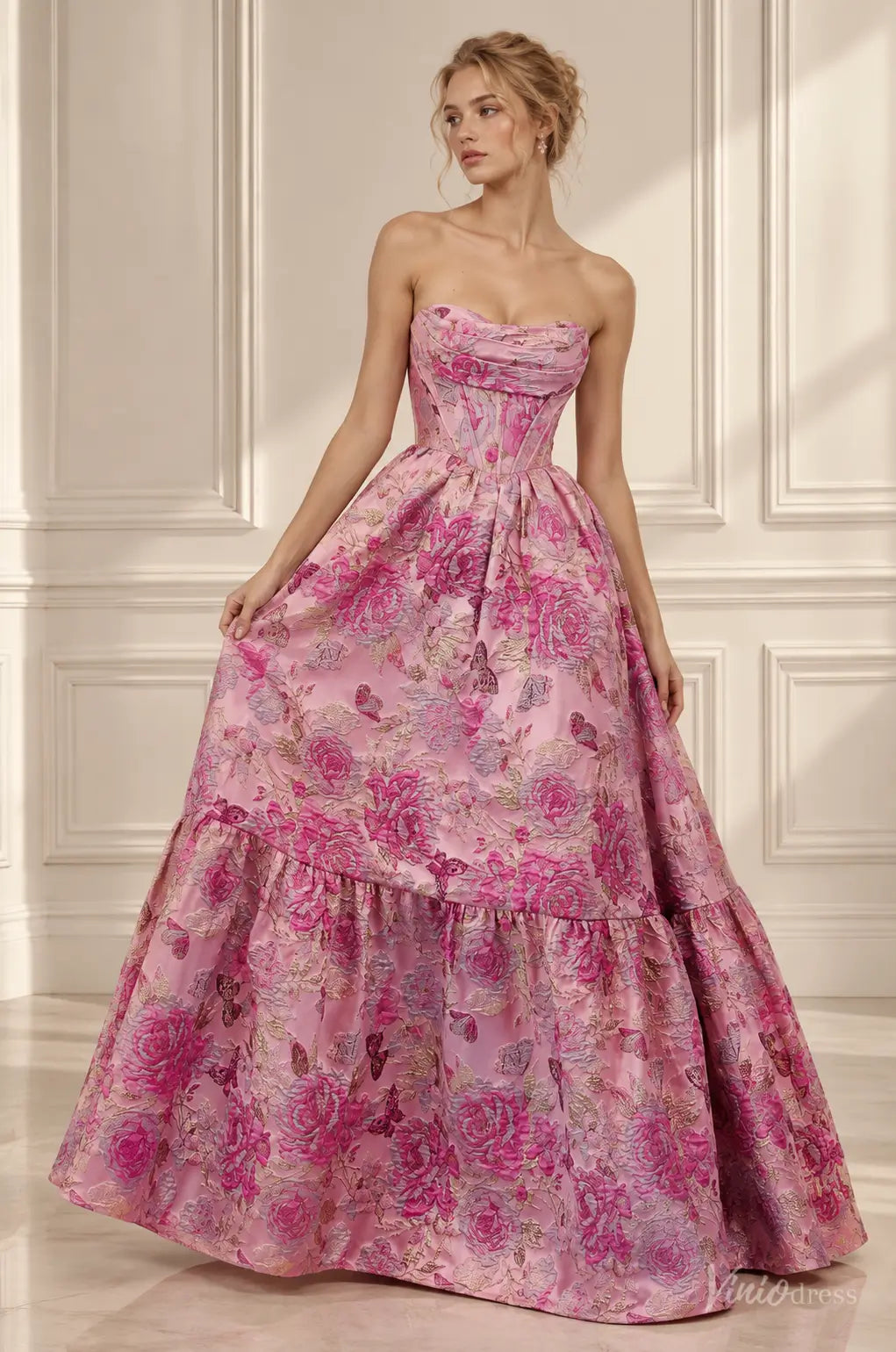 Pink Floral Jacquard Ball Gown Prom Dress with Strapless Corset Bodice & Ruffled Hem JC044