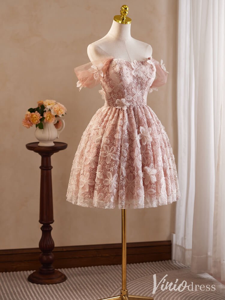 Pink Floral Lace Homecoming Dresses Off the Shoulder Graduation Dress – Viniodress