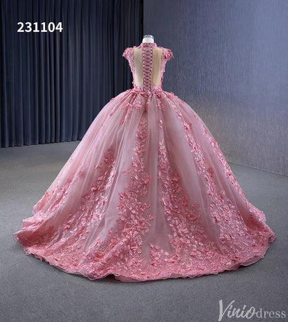 Pink Floral Princess Wedding Gown Cap Sleeve High Neck Quinceanera Dress 231104-Quinceanera Dresses 2025 -Viniodress-Pink-Custom Size-