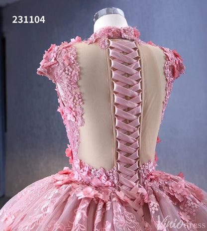 Pink Floral Princess Wedding Gown Cap Sleeve High Neck Quinceanera Dress 231104-Quinceanera Dresses 2025 -Viniodress-Pink-Custom Size-