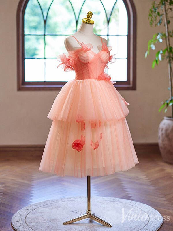 Pink Floral Tiered Homecoming Dress Spaghetti Strap Hoco 2024 Back to School Dress 8009-prom dresses 2025 -Viniodress-Pink-Custom Size-
