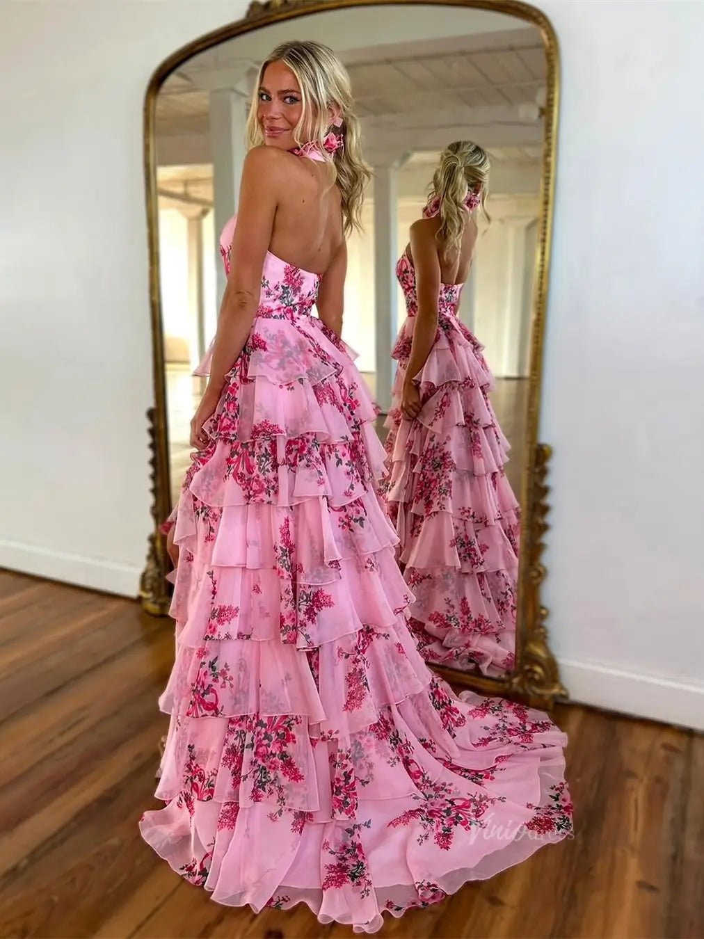 Pink Floral Tulle Prom Dresses 2025 Tiered Halter Neck Formal Gown wit – Viniodress