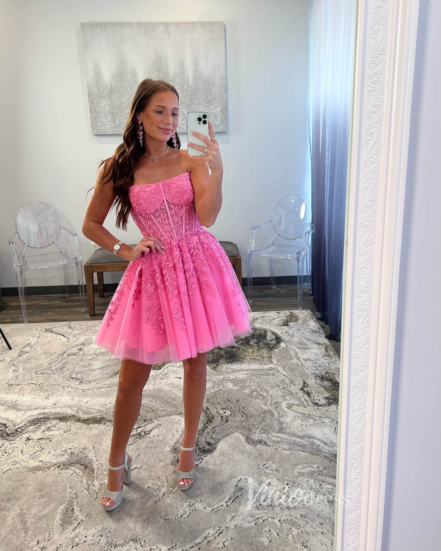 Pink Lace Applique Homecoming Dresses Strapless Short Prom Dress SD1635-prom dresses 2025 -Viniodress-Pink-Custom Size-