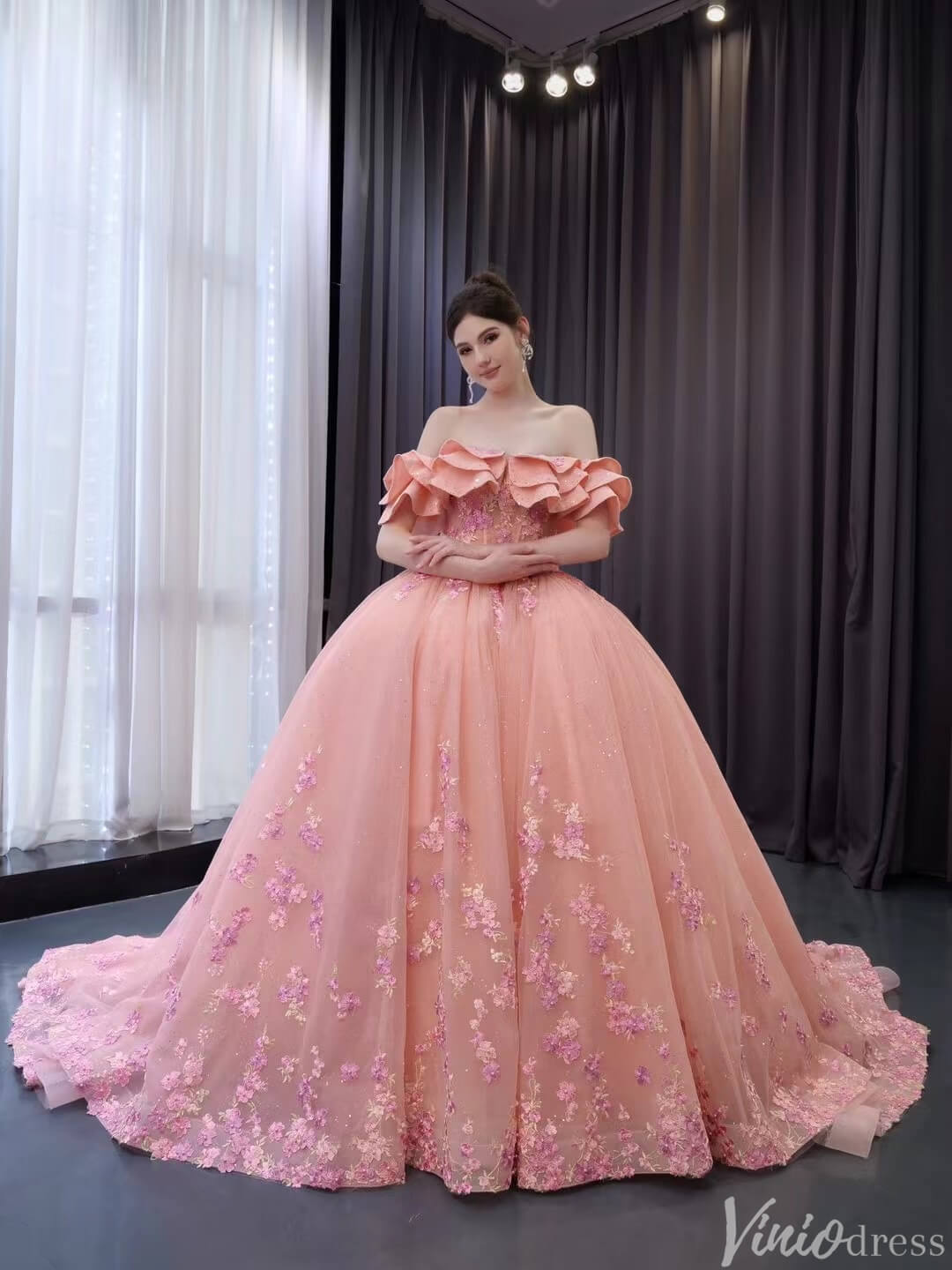 Pink Lace Applique Layered Wedding Gowns Convertible Quince Dress 241091-Quinceanera Dresses 2025 -Viniodress-Pink-Custom Size-