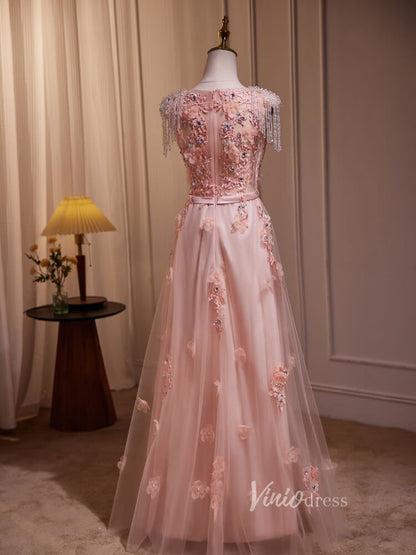 Pink Lace Applique Prom Dresses Beaded String Sheer Back BJ015-prom dresses 2025 -Viniodress-Pink-Custom Size-