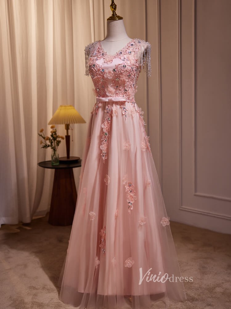 Pink Lace Applique Prom Dresses Beaded String Sheer Back BJ015-prom dresses 2025 -Viniodress-Pink-Custom Size-