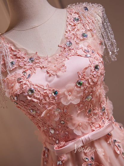 Pink Lace Applique Prom Dresses Beaded String Sheer Back BJ015-prom dresses 2025 -Viniodress-Pink-Custom Size-