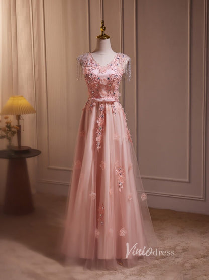 Pink Lace Applique Prom Dresses Beaded String Sheer Back BJ015-prom dresses 2025 -Viniodress-Pink-Custom Size-