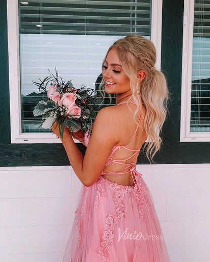 Pink Lace Appliqued Long Prom Dress with Slit Spaghetti Strap FD1739-prom dresses 2025 -Viniodress-Pink-Custom Size-