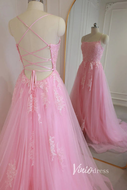 Pink Lace Appliqued Long Prom Dress with Slit Spaghetti Strap FD1739-prom dresses 2025 -Viniodress-Pink-Custom Size-