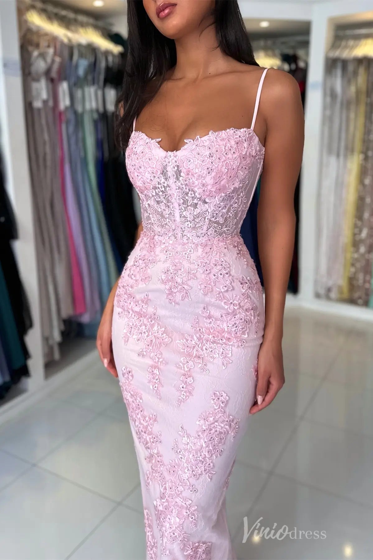 Pink Lace Mermaid Prom Dress with Spaghetti Strap, Sheer Corset – SS058 – Viniodress