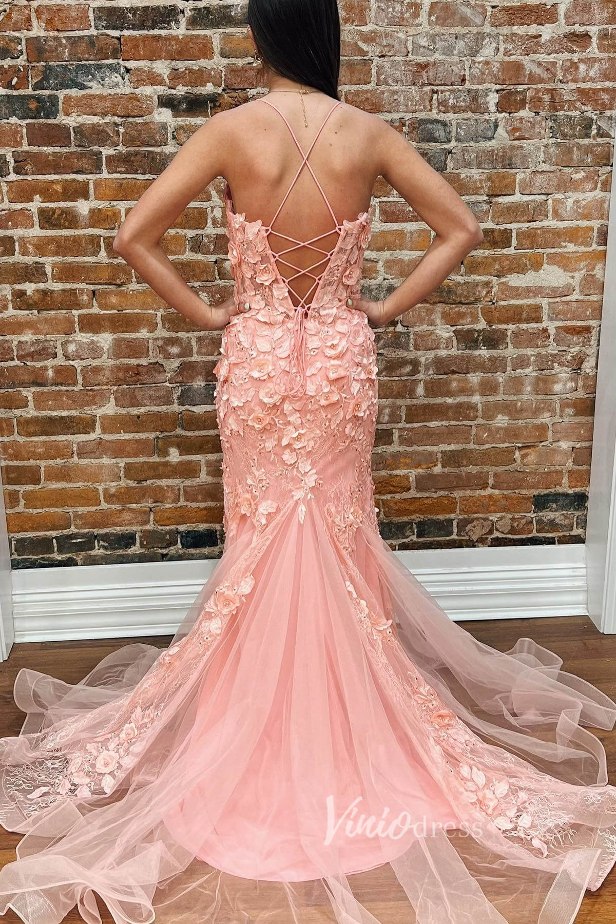 Pink Mermaid 3D Flower Lace Applique Prom Dress with Spaghetti Strap F – Viniodress
