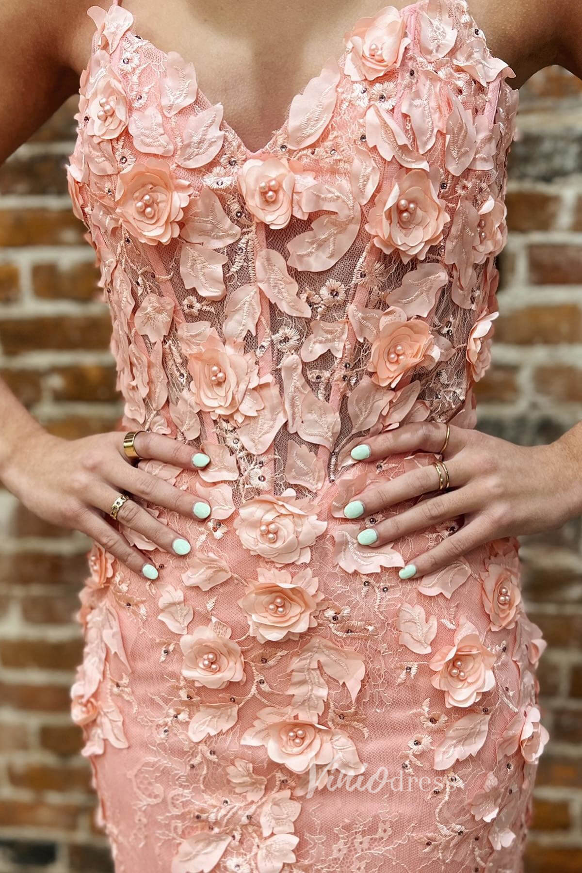 Pink Mermaid 3D Flower Lace Applique Prom Dress with Spaghetti Strap F – Viniodress