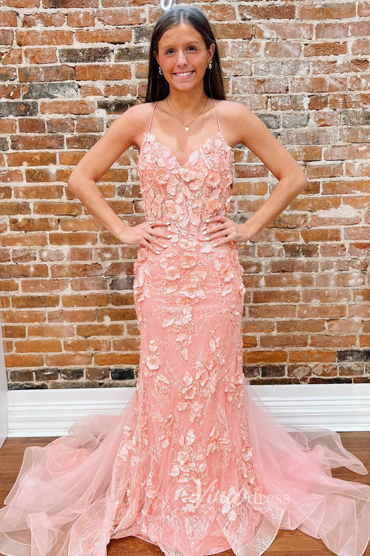 Pink Mermaid 3D Flower Lace Applique Prom Dress with Spaghetti Strap FD3474-prom dresses 2025 -Viniodress-Pink-Custom Size-