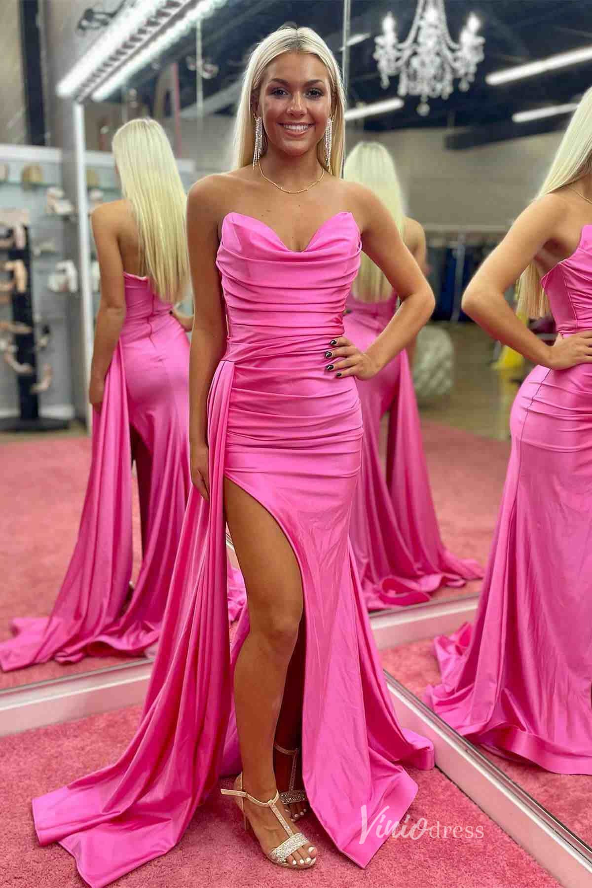 Pink Mermaid Satin Prom Dresses with Slit Pleated Sweetheart Neck Overskirt FD4077-prom dresses 2025 -Viniodress-Pink-Custom Size-