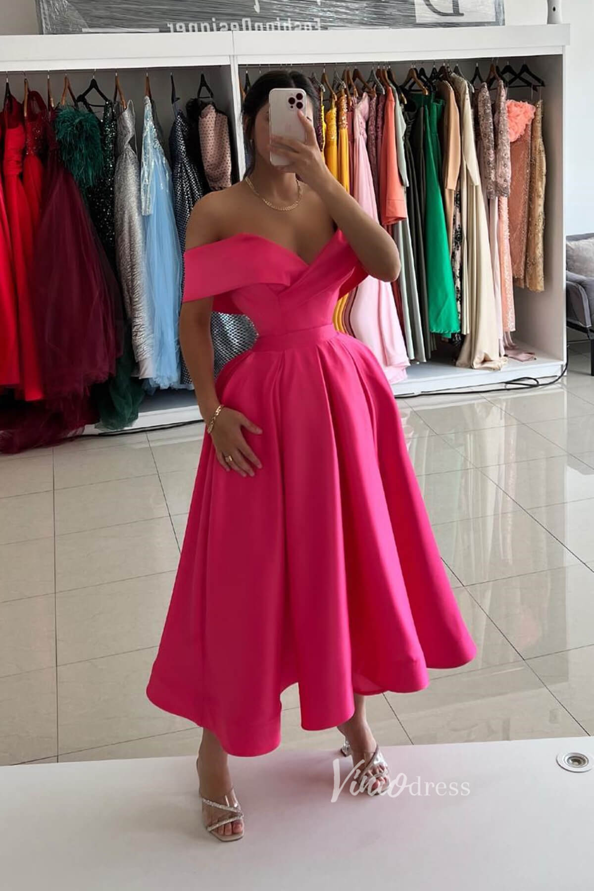 Pink Midi Length Formal Dress Off the Shoulder Prom Dresses FD2992 – Viniodress