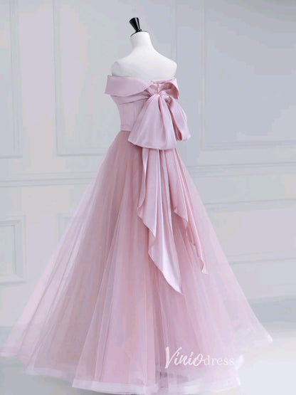 Pink Off the Shoulder Prom Dresses Bow-Tie Formal Dress AD1037-prom dresses 2025 -Viniodress-Pink-Custom Size-