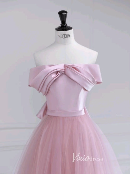 Pink Off the Shoulder Prom Dresses Bow-Tie Formal Dress AD1037-prom dresses 2025 -Viniodress-Pink-Custom Size-
