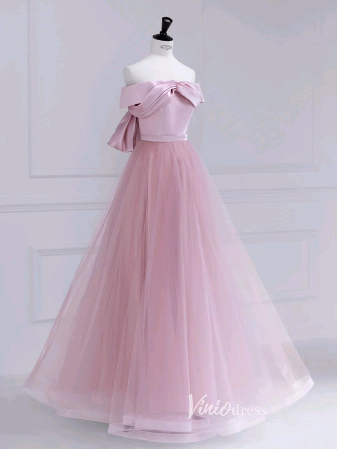 Pink Off the Shoulder Prom Dresses Bow-Tie Formal Dress AD1037-prom dresses 2025 -Viniodress-Pink-Custom Size-