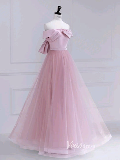 Pink Off the Shoulder Prom Dresses Bow-Tie Formal Dress AD1037-prom dresses 2025 -Viniodress-Pink-Custom Size-